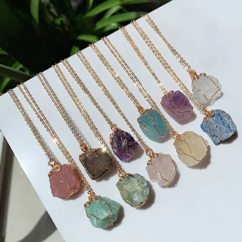 Raw Crystal Wire Wrap Gold Necklaces - New Age Realms