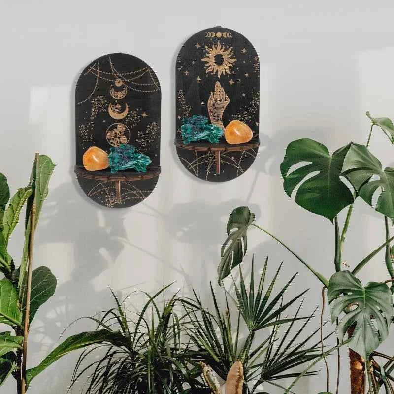 Wooden Crystal Shelf Display Stand | Bohemian Wall Rack for Stones and Jewelry
