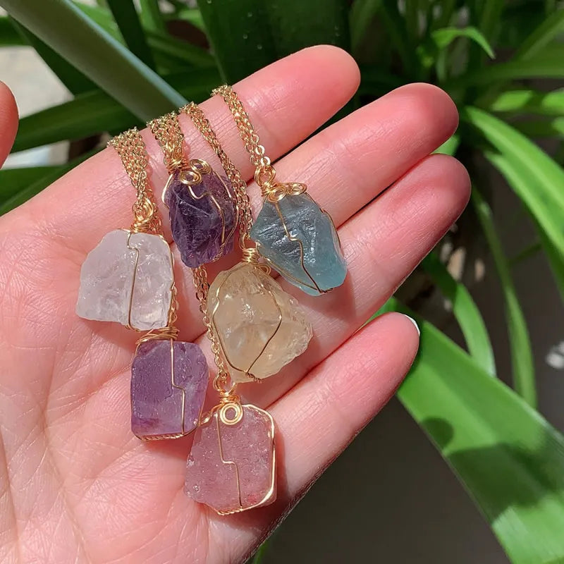 Raw Crystal Wire Wrap Gold Necklaces - New Age Realms
