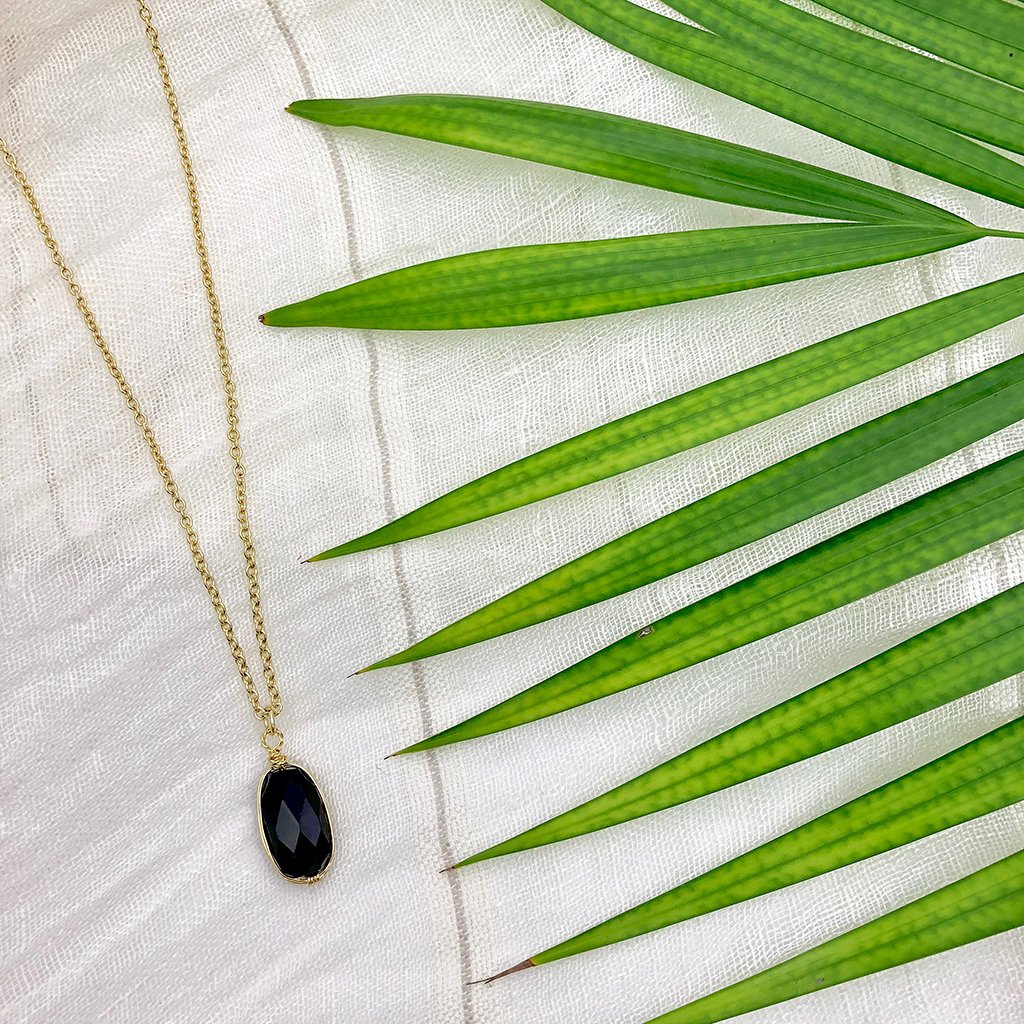 Black Quartz Pendant Necklace - Polished Crystal Brass Wire Minimal Layering - New Age Realms