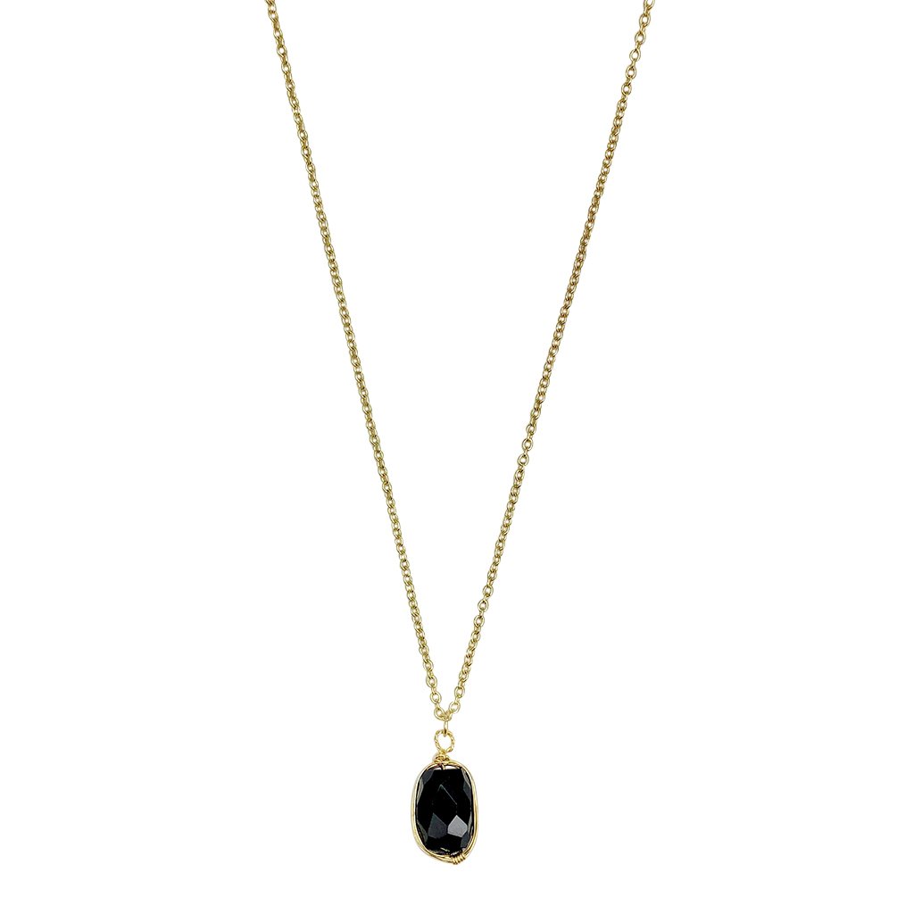 Black Quartz Pendant Necklace - Polished Crystal Brass Wire Minimal Layering - New Age Realms