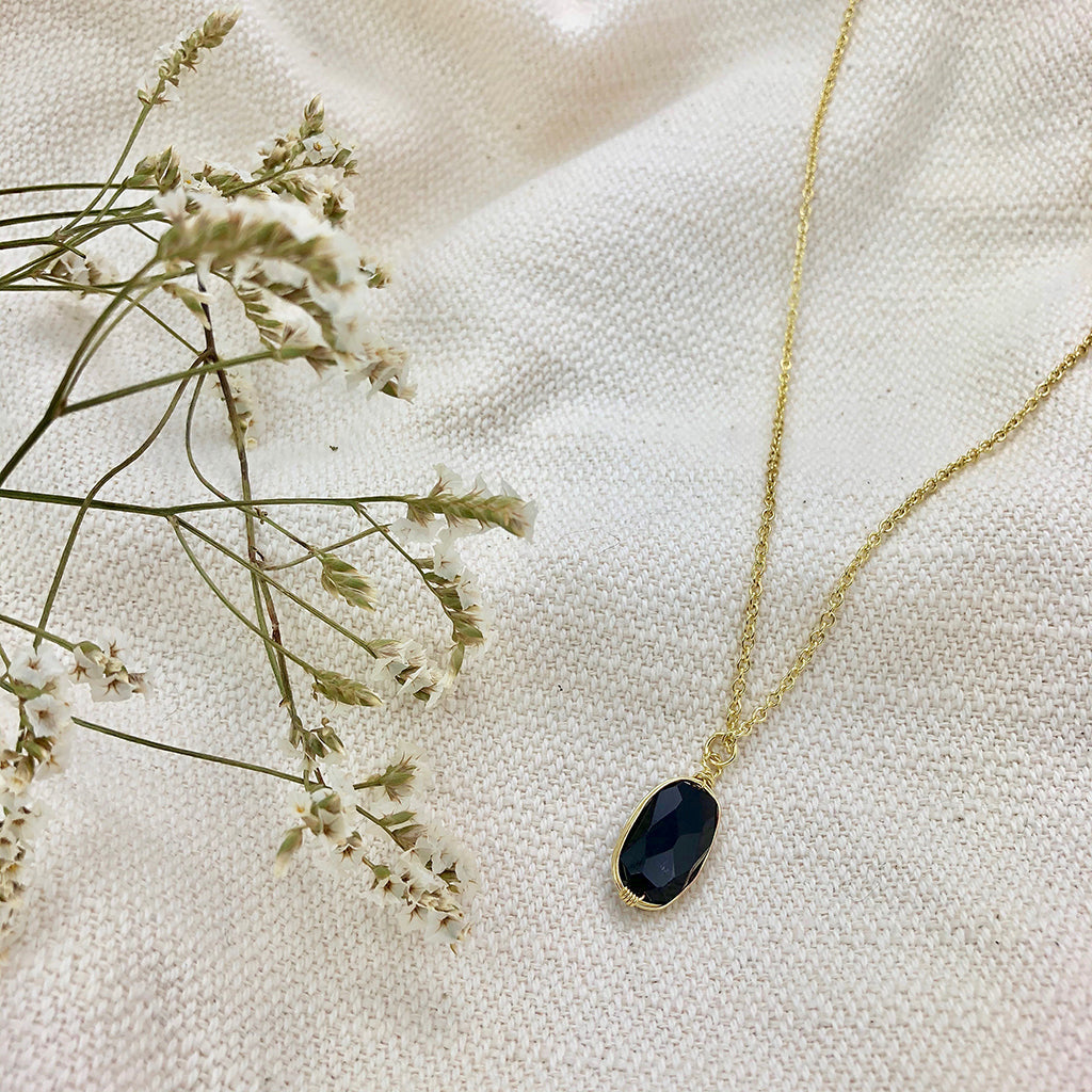 Black Quartz Pendant Necklace - Polished Crystal Brass Wire Minimal Layering - New Age Realms