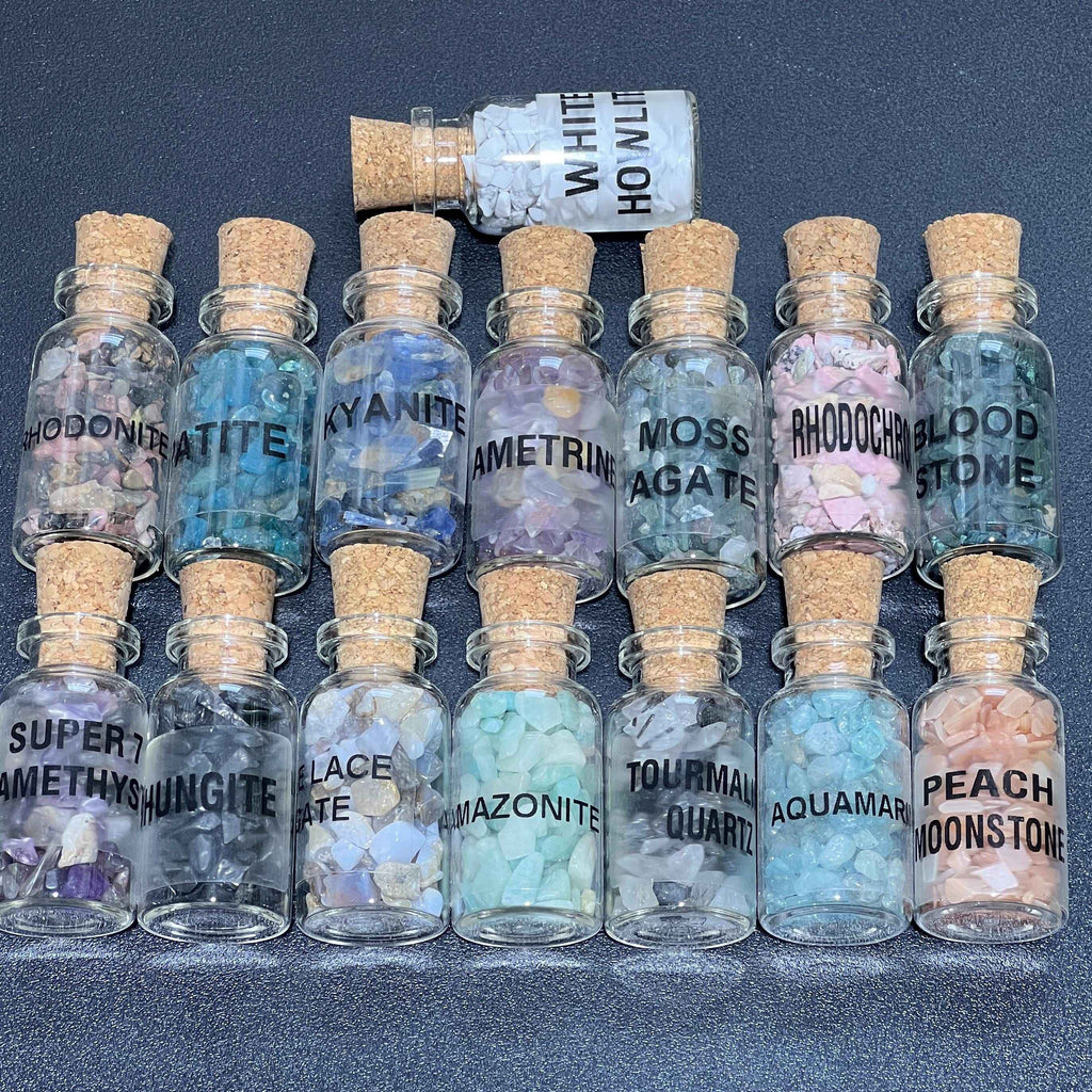 Gemstone Bottle Collection - 15-Piece Natural Rough Crystal Chips Gift Set Box Flat