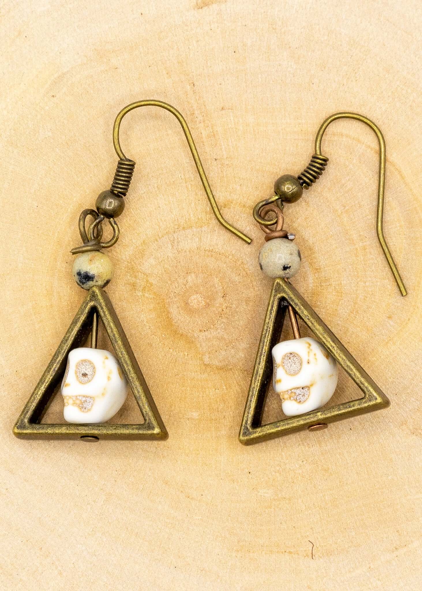 Hand Carved Skull Patinated Brass Earrings - New Age Realms