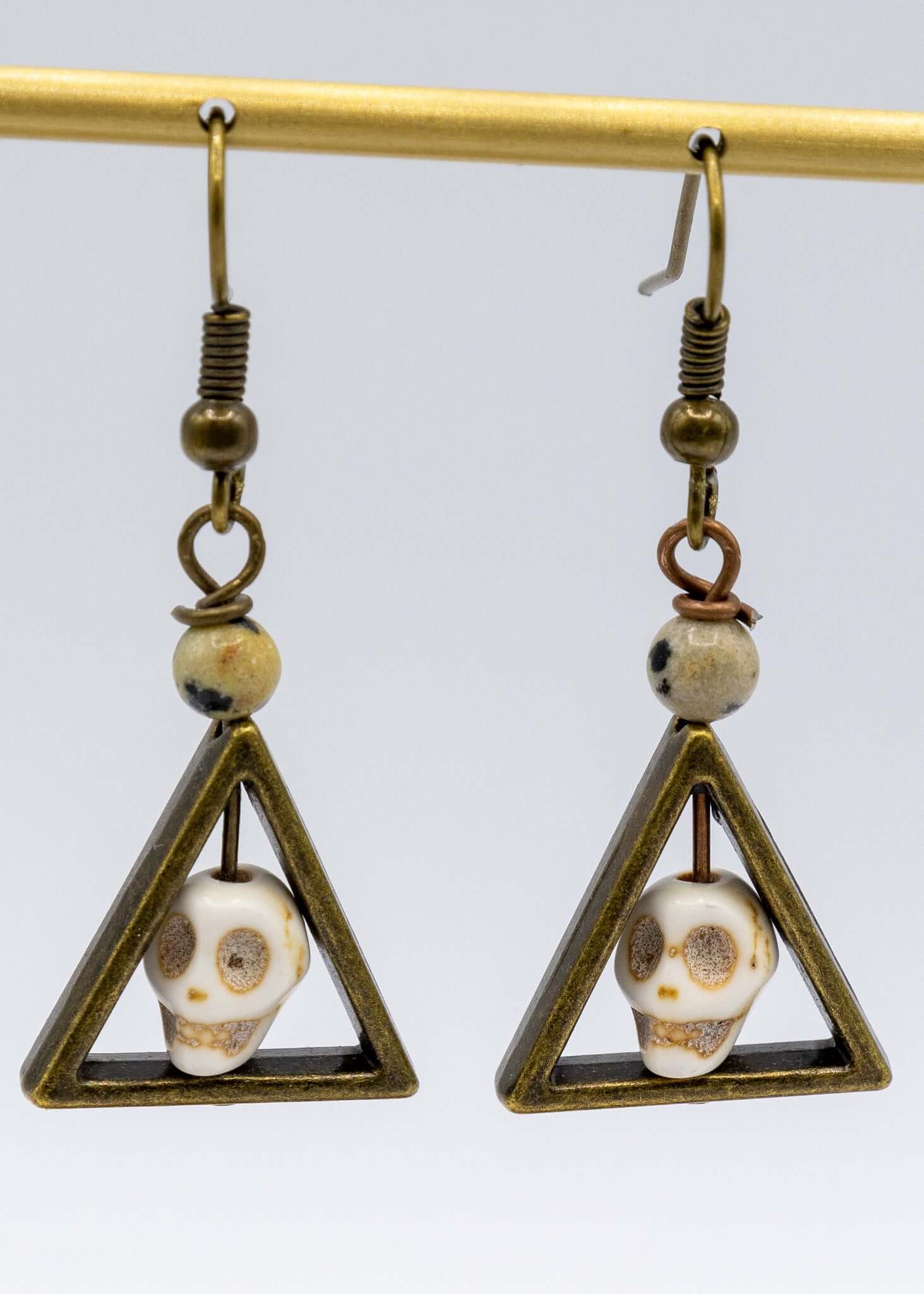 Hand Carved Skull Patinated Brass Earrings - New Age Realms