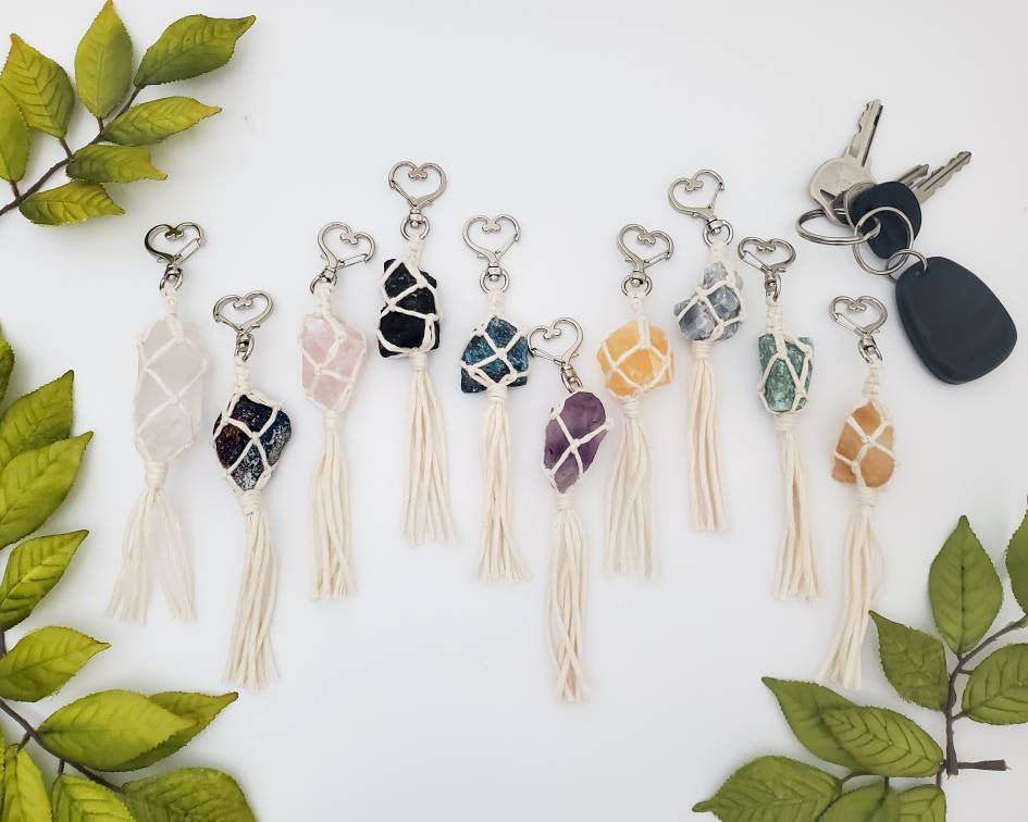 Raw crystal macrame wrapped keychains - New Age Realms