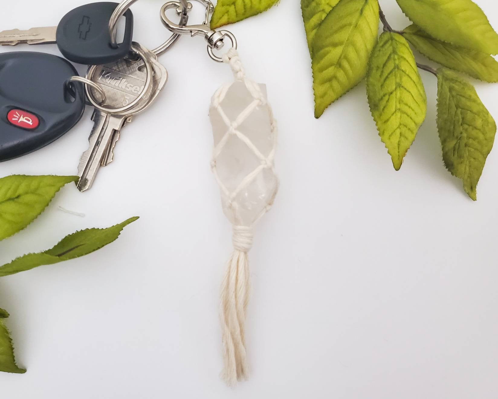Raw crystal macrame wrapped keychains - New Age Realms