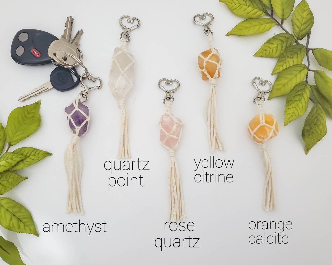 Raw crystal macrame wrapped keychains - New Age Realms