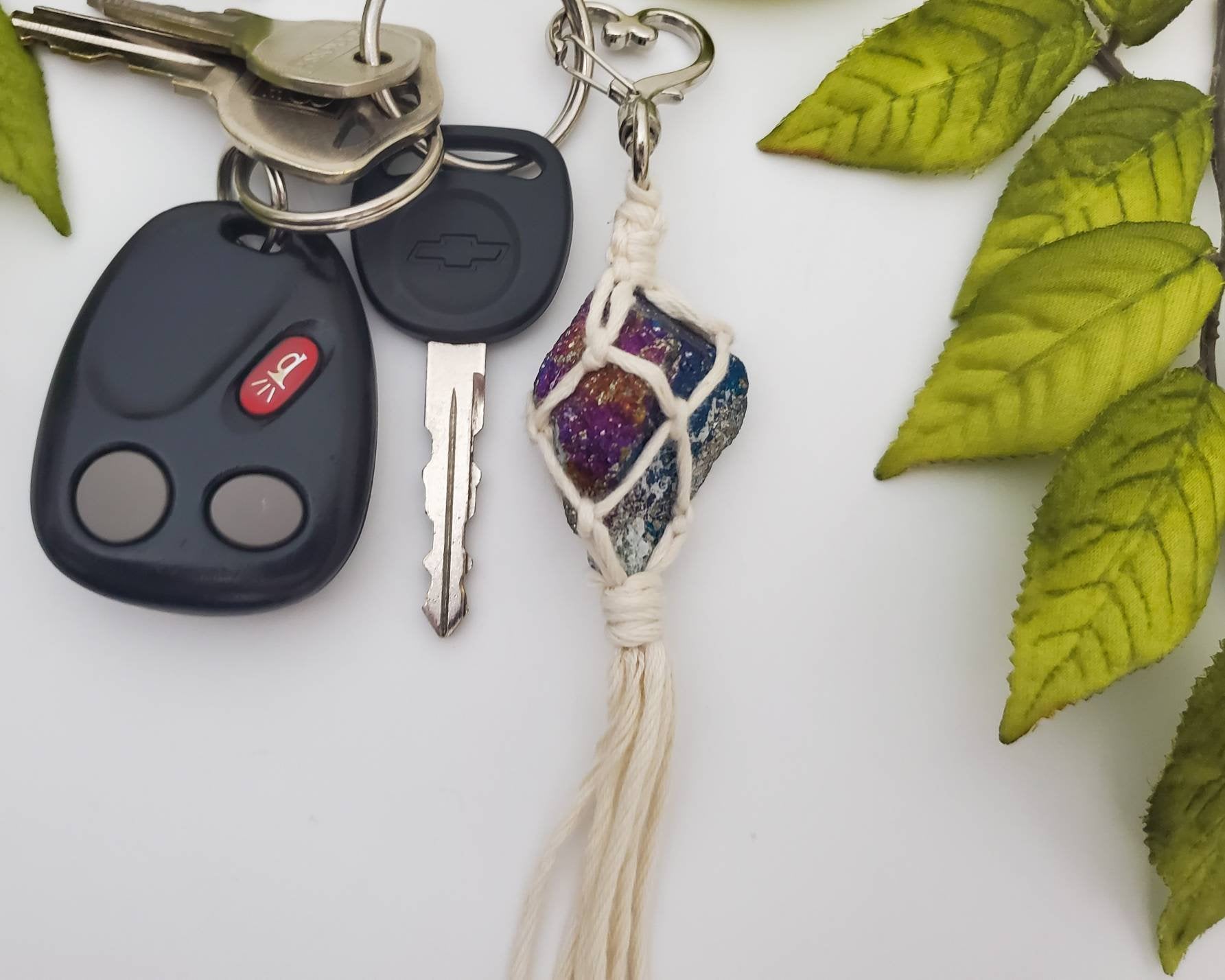 Raw crystal macrame wrapped keychains - New Age Realms