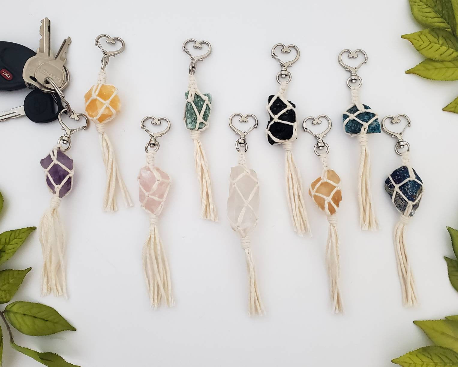 Raw crystal macrame wrapped keychains - New Age Realms