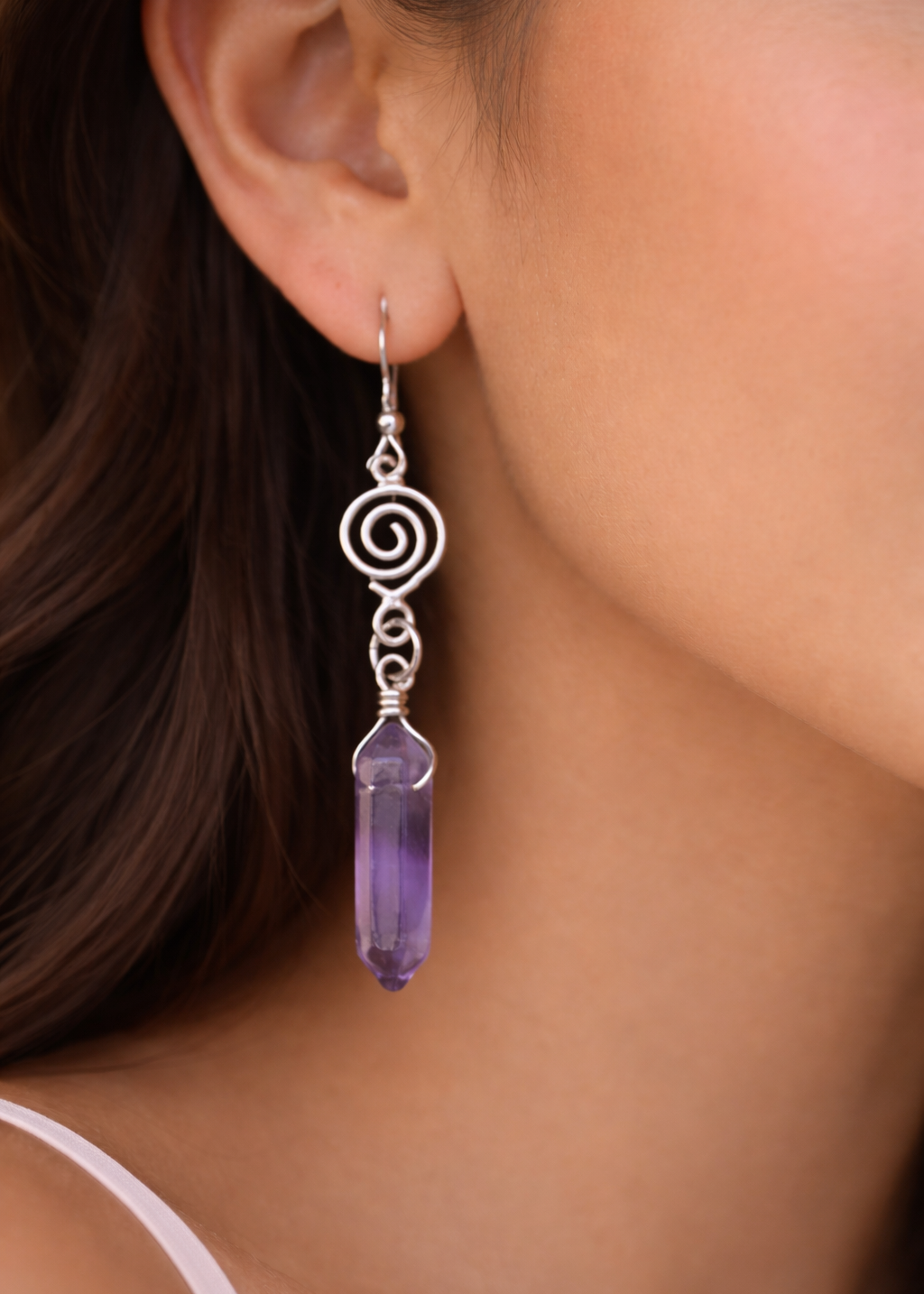Silver Wrapped Amethyst Point Earrings - New Age Realms