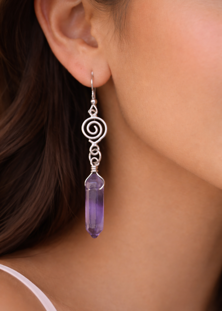 Silver Wrapped Amethyst Point Earrings - New Age Realms